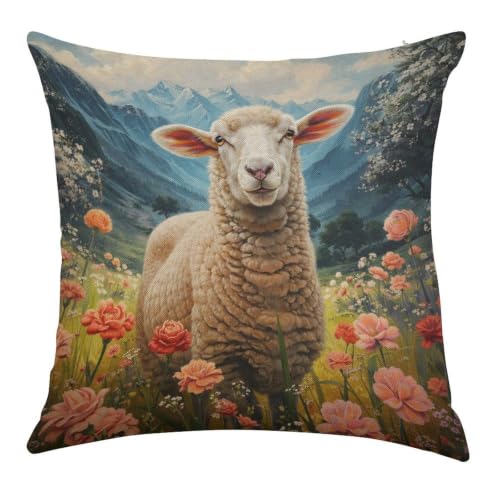 Sheep Among The Flowers Throw Pillow Covers 24"x24" - size: 24" x 24" (Pack of 1)