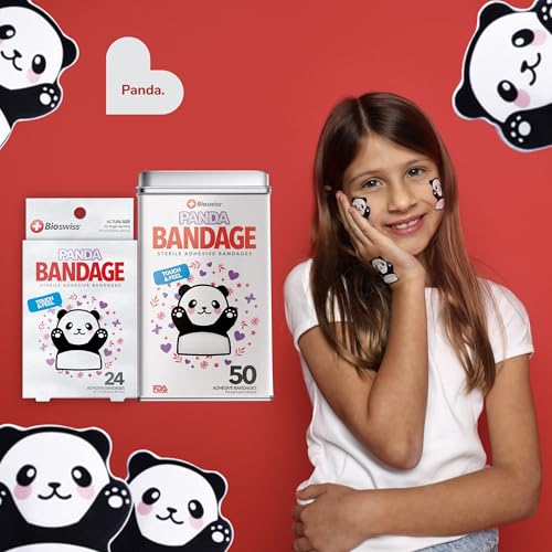 BioSwiss Bandages, Panda Shaped Self Adhesive Bandage Set, Latex Free, Sterile Wound Care, 24 Count - size: 24-Count Box, style: Panda