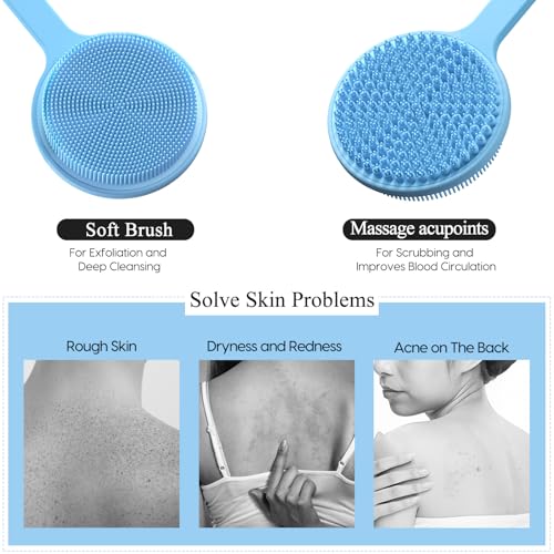 Silicone Back Scrubber for Shower, 17in Lengthen Long Handle Body Brush, Double Sided Shower Brush for Shower Exfoliating and Massage Can Produce Rich Foam, Long Handle Back Scrubber for Men - color: Blue