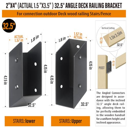 32.5°Stair Angle Stainless Steel Deck Railing Brackets Connectors for 2"x4" (Actual 1.5"x3.5") Railing Wood Post (4 Pair) - size: Angle 32.5°