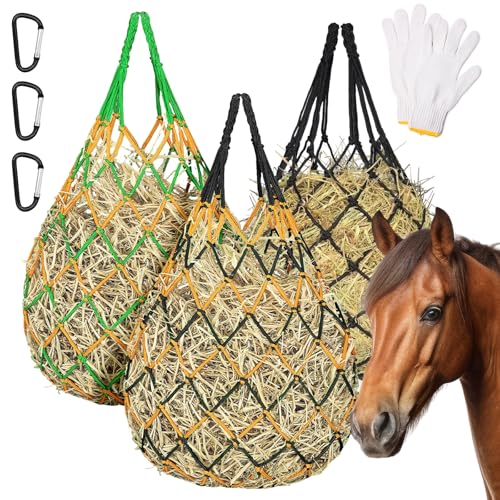 Slow Feed Hay Nets 3 Pack 40-Inch Durable Mesh Hay Bags Feeder for Horses - size: 3 Pack