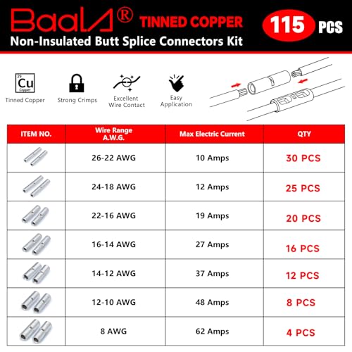 BAALA 115 PCS Non Insulated Butt Connectors Kit,26-8 Gauge Butt Splice Connector Uninsulated Wire Splice Connectors, Tinned Copper Marine Grade Seamless Barrel Crimping Butt Terminals - color: Tinned Copper