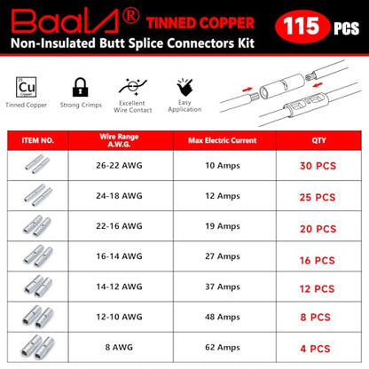 BAALA 115 PCS Non Insulated Butt Connectors Kit,26-8 Gauge Butt Splice Connector Uninsulated Wire Splice Connectors, Tinned Copper Marine Grade Seamless Barrel Crimping Butt Terminals - color: Tinned Copper