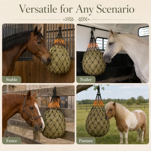 3 Pcs Hay Nets for Horses, 31.5 in Slow Feed Hay Bags with Small Mesh Holes, Heavy-Duty Goats & Livestock Feeding Solution for Stable, Trailer, and Fence Mounting (3 Colors)