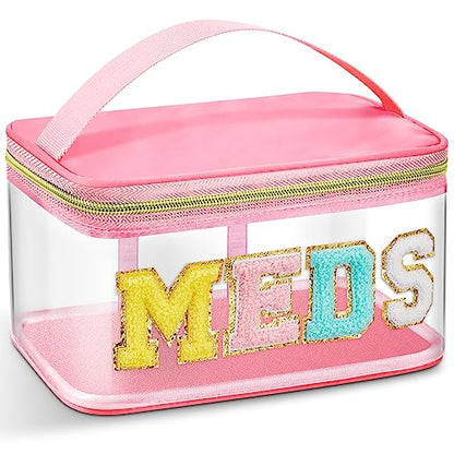 Geetery Chenille Letter Bag, Meds Cheer Travel Cases Cheerleader Gifts Cosmetic Bag Nylon Makeup Portable Preppy Patch with Zipper Toiletry Storage Case for Women(Pink,Meds) - color: Pink, style: Meds