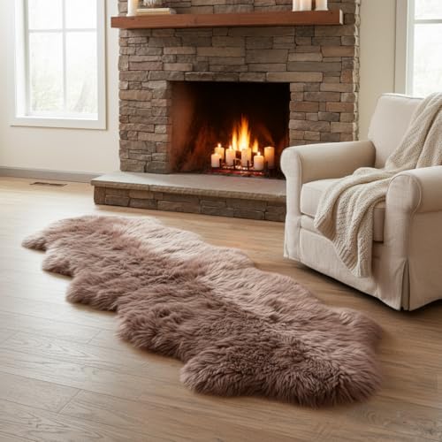 Premium Genuine Sheepskin Rug 2' x 6' Long Fur Soft & Natural Bedside Area Rug, Tan, Double Pelt - color: Tan, size: 2' x 6' (Natural)