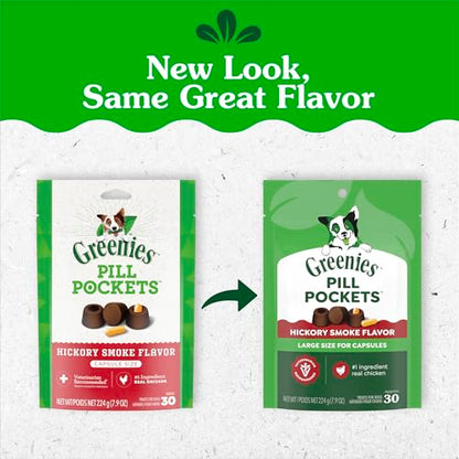 Greenies Pill Pockets Large Size Dog Treats, Hickory Smoke, 7.9 oz | Capsule size, hickory smoke flavor, masks medicine odor, low calorie, stress-free, Dog Treat Pouch for Capsule Medication - size: 30 Count (Pack of 1)