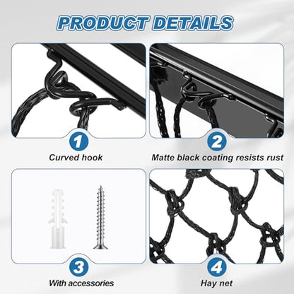 Yaocom 2 Set Black Wall Mount Hay Feeder for Horses Goats Heavy Duty Hay Rack with Net Slow Feeder Wall Mounted for Stall Barn, Easy to Install and Save Hays (Square) - color: Black