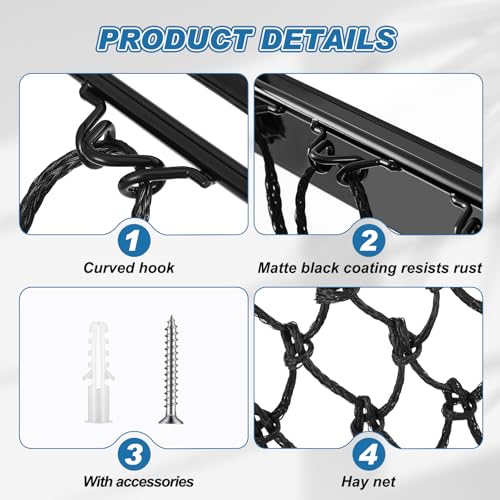 Yaocom 1 Set Black Wall Mount Hay Feeder for Horses Goats Heavy Duty Hay Rack with Net Slow Feeder Wall Mounted for Stall Barn, Easy to Install and Save Hays (Square) - color: Black