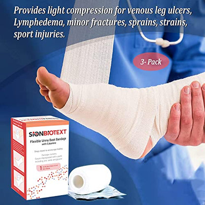 Unna Boot with Zinc and Calamine – 3” x 10 Yards Flexible Compression Bandage – Moist Healing Environment – Ideal for Venous Leg Ulcers, Lymphedema, Sprains, and Skin Grafts – Pack of 3 - size: Pack of 3, style: 3" Zinc and Calamine