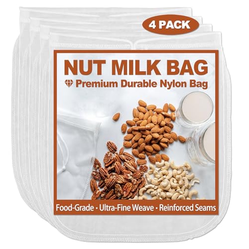 4 Pcs 12"x12" Nut Milk Bag, Strong Durable, Premium Ultra-Fine 200 Mesh Nylon CheeseCloth Bags for Straining, Reusable All Purpose Nut Bag Strainer for making Almond & Nut Milks, Cold Brew, Juicing