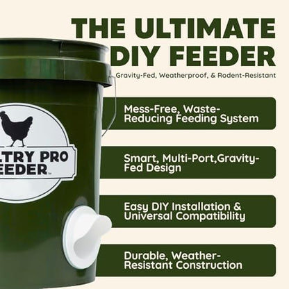 Poultry Pro DIY Chicken Feeder Port Kit - 5 Ports, Weatherproof Seals, Bushings & Hole Saw, PVC Gravity Feeder, Use for Buckets, Barrels, Bins & Troughs, No Waste Chicken Feeders (Bucket NOT Included) - style: Original Feeder 5 Pack