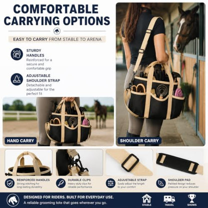 Horse Grooming Tote Bag, 600D Oxford Equestrian Organizer with Strap - color: Black