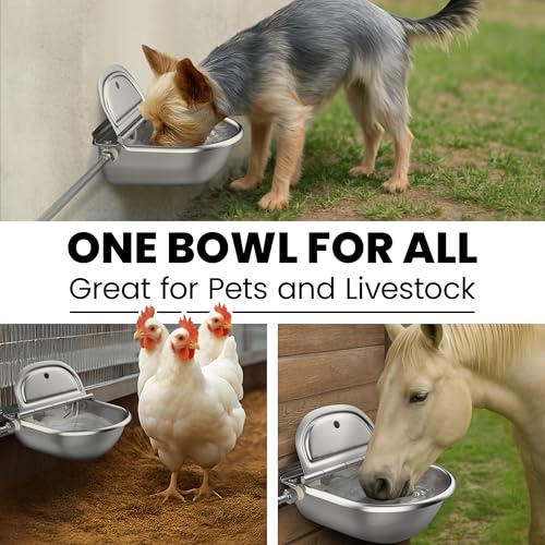 Automatic Animal Drinking Water Bowl with 2 Float Valves-304 Stainless Steel Automatic Water Dispenser for Dogs & Farm Animals, Auto-Refill, Leakproof Drain Hole, Extra Long 100cm Hose