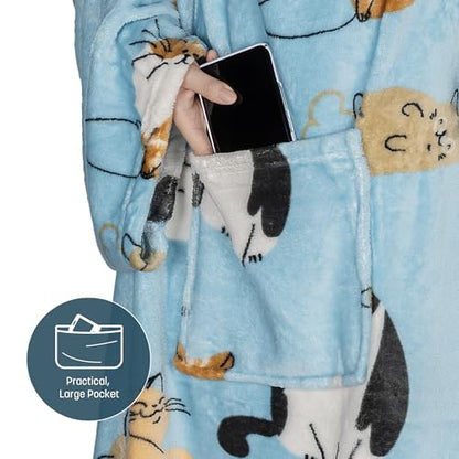 Catalonia Wearable Blanket with Sleeves for Women & Men, Fleece Wrap Throw - color: Blue Cat