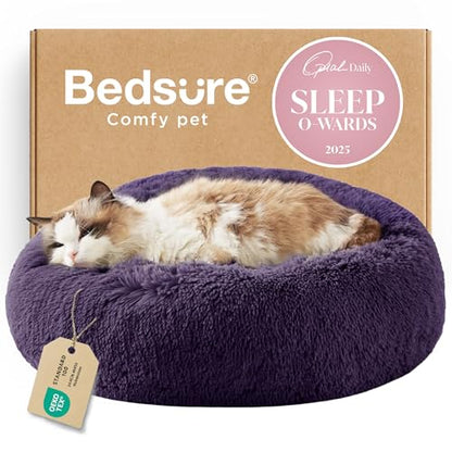 Bedsure Calming Cat Beds Donut Round Washable Kitten Bed,20 inches Purple | Fluffy Faux Fur Cuddler,Machine Washable,Anti-Slip Bottom,Anti-Anxiety,Deep Sleeping for Cats&Small Pets Up to 15 Lbs - color: Indigo Purple, size: 20"L x 20"W x 6"Th