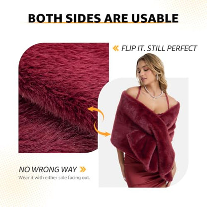 Women's Luxe Short Pile Faux Fur Coat with Shawl Collar - color: Garnet