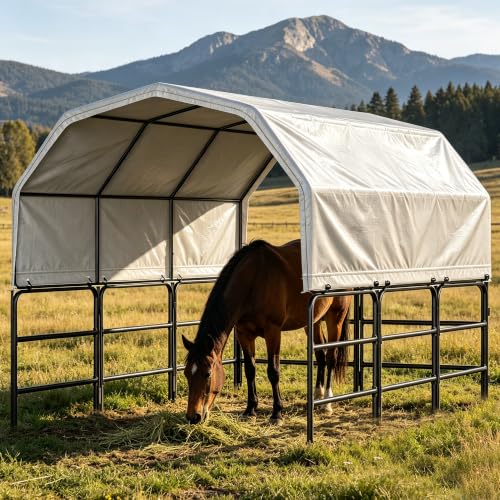 Horse Shelter with Corral, Extra Long Heavy-Duty Waterproof Sun-Shielding Livestock Shelter with Steel Frame, Quick Assembly Portable Shed for Horse, Goat & Farm Use - style: Shed with Corral