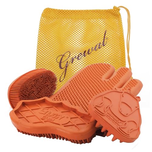 Grewal® Equestrian Grooming Bundle Kit - Comfy Pet Grooming & Bathing Glove - Oval Face Soft Bristles - Great for Thin & Sensitive Skin (Orange) - color: Orange