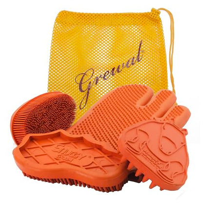 Grewal® Equestrian Grooming Bundle Kit - Comfy Pet Grooming & Bathing Glove - Oval Face Soft Bristles - Great for Thin & Sensitive Skin (Orange) - color: Orange