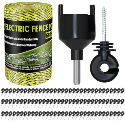 Electric Fence Poly Wire 660 Feet 200 Meters 1/8" Dia Portable Electric Fencing Polywires and 100 Pcs Black Electric Fence Insulator (Grid System Accessories for Animal Husbandry Electronic)