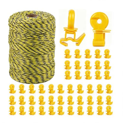 MorningRo 656ft Electric Fence Polywire with 50 Yellow Electric Fence Insulator, 6 Steel Strands Polywire for Reliable Conductivity and Rust Resistance High Conductivity for Garden Farm