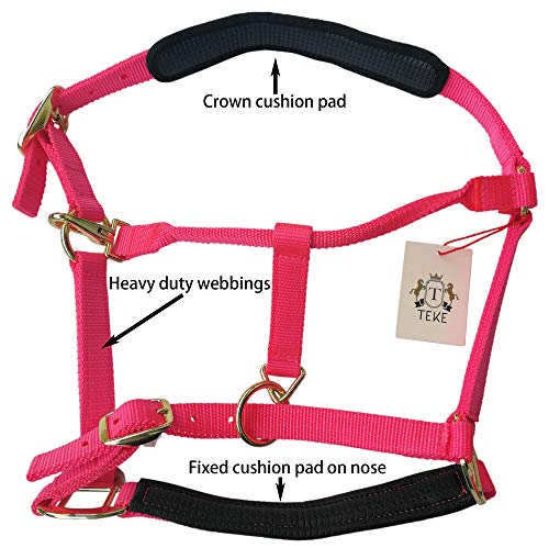 T TEKE Adjustable Horse Halters by Heavy Duty Soft Nylon, Padded with Anti-rubbing Waffle Neoprene on Both Crown & Nose - color: Pink, size: XXS Pony