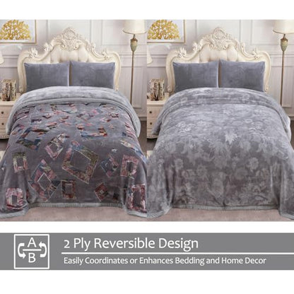 JML Raschel Fleece Blanket King Heavy,10.5 lbs, 87" x 94", Grey Frames | Korean Style, 2 Ply A&B Printed Embossed, Plush Soft Thick Warm for Winter - color: Grey Frames