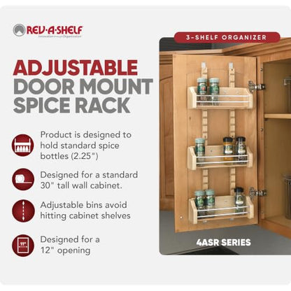 Rev-A-Shelf Pullout Wall Storage Organizer for Kitchen Cabinets, Sliding Door Mounted Spice Rack with 3 Adjustable Shelves, Maple Wood, 4ASR-15 - size: 10.13" W