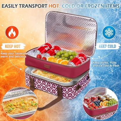 BAGSPRITE Double-Layer Insulated Casserole Carrier for 9" x 13" Baking Dish - color: Cranberry
