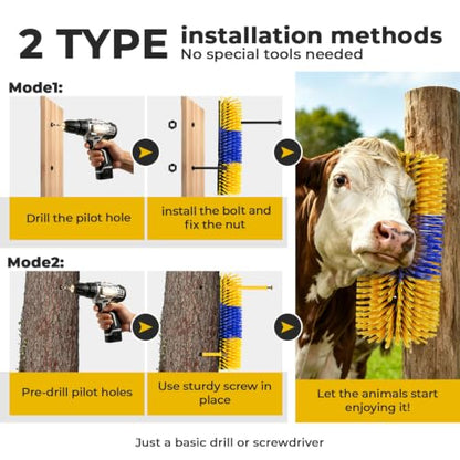 2PCS Horse Scratcher Goat Brush Post, Livestock Scratching Brushes | Stiff Bristle, Itch Relief, Self-grooming, Full Massage, Livestock Scratch Brushes w/Durable Screws Cleaning Tool and Gloves - color: Yellow