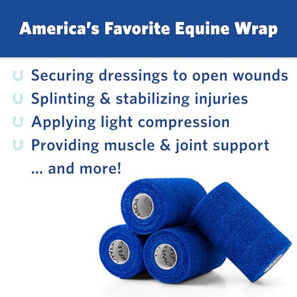 OVIK Health PowerFlex Equine – Extra Strong Self-Adhering Bandage Wrap – Wound Care, Compression & Support Bandage for Horses, Cows & Dogs – Blue, 4 inch, 4 Rolls (Resealable Case) - color: Blue