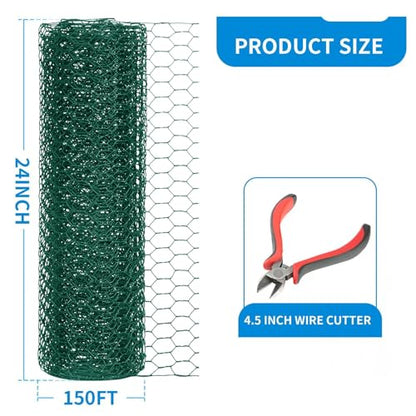 24'' x 150' Green Chicken Wire Fencing, 1 inch Chicken Wire and 19 Gauge Poultry Netting, Garden Mesh Fence Roll for Floral Arrangements/Crafts/Farm/Livestock/Pet Protection - size: Green /19 Gauge 24" x150'