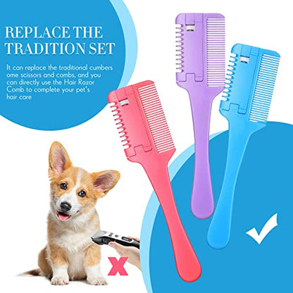 3 Pcs Pet Grooming Razor Comb with 50 Replacement Blades - Double Sided Hair Trimmer, Cutter and Scissors Tool for Dogs and Cats(Pink, Blue, Purple) - color: Pink, Blue, Purple