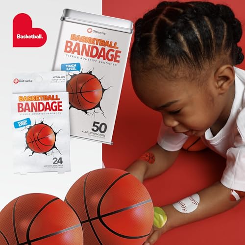 BioSwiss Bandages, Basketball Shaped Self Adhesive Bandage, Latex Free Sterile Wound Care, Fun First Aid Kit Supplies for Kids, 50 Count - size: 50-Count Box, style: Basketball