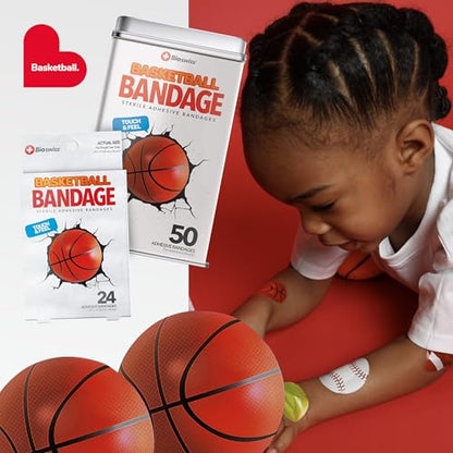 BioSwiss Bandages, Basketball Shaped Self Adhesive Bandage, Latex Free Sterile Wound Care, Fun First Aid Kit Supplies for Kids, 50 Count - size: 50-Count Box, style: Basketball