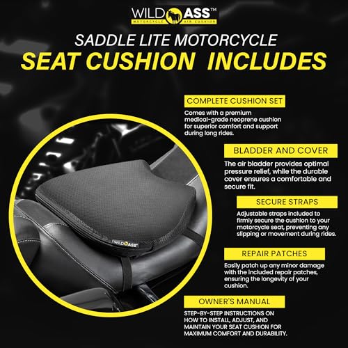Wild Ass Saddle Lite - Motorcycle Air Gel Seat Pad, Ergonomic Air-Adjusting Cushion with Straps, Universal Fit for Ultimate Comfort & Relief, Cool Flow Motorcycle Accessory for Long Rides - Black - style: Lite