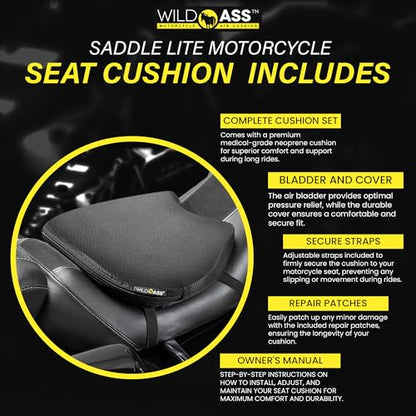 Wild Ass Saddle Lite - Motorcycle Air Gel Seat Pad, Ergonomic Air-Adjusting Cushion with Straps, Universal Fit for Ultimate Comfort & Relief, Cool Flow Motorcycle Accessory for Long Rides - Black - style: Lite