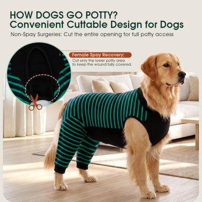 Kuoser Dog Recovery Suit with Anti Licking Rear Leg Sleeve, Green M - color: Green Strips, size: Medium (Back Length: 34cm / 13.38")