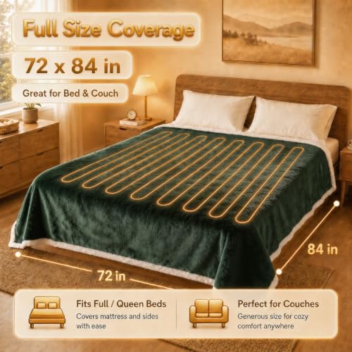 Heated Blanket Electric Blanket Full Size 72''x84'' with 5 Heat Settings, 10 Hour Auto Off, Machine Washable, Flannel & Sherpa Soft Warming Blanket for Couch, Bed, Office - Grass Green - color: 04-grass Green, size: 72''x84''(Full)