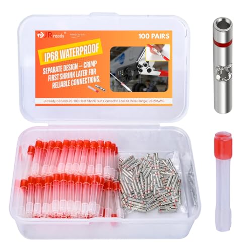 JRready 200 PCS Wire Connectors Heat Shrink IP68 Waterproof 26-20 AWG Crimp Splicing Butt Terminal and 3:1 PE Tube Insulation Butt Splicing Water Proof Red Wire Connectors ST6388-20-100 - color: 20# 100 Pairs
