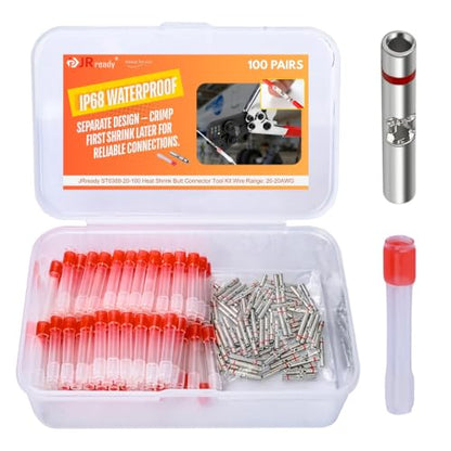JRready 200 PCS Wire Connectors Heat Shrink IP68 Waterproof 26-20 AWG Crimp Splicing Butt Terminal and 3:1 PE Tube Insulation Butt Splicing Water Proof Red Wire Connectors ST6388-20-100 - color: 20# 100 Pairs