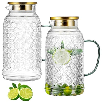Buaic Glass Pitcher with Lid, 2 PACK 84 oz/2.5 Liter Vintage Water Pitcher - size: 2.5L-2PACK