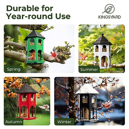 Kingsyard Metal Bird Feeder for Outdoor Hanging, Wild Bird Feeders with Circular Perch, Easy to Clean & Refill, 4 lbs Large Seed Capacity, Red - color: Red