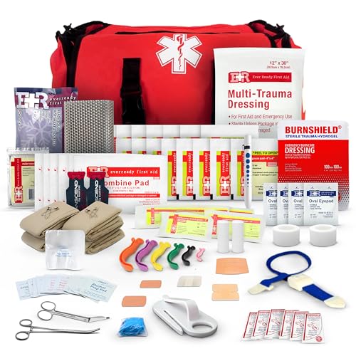 First Responder Trauma First Aid Kit Bag – Fully Stocked Emergency Medical Kit for Workplace, Vehicle & Home – OSHA & ANSI Compliant – Portable – Red - color: Red
