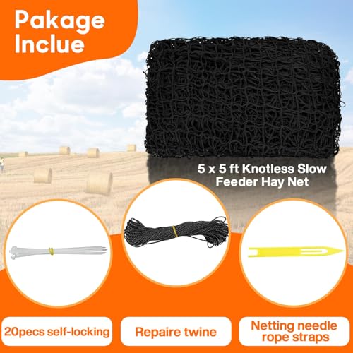 5 x 5 ft Round Bale Hay Net for Horses, with 20 Ropes Netting Comb Zip Tie - color: round