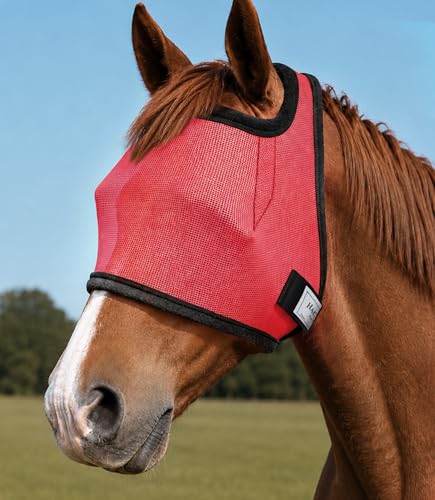 Fly Masks for Horses Without Ears, Horse Fly Mask, Forelock-Opening Design | Non-Heat-Transferring Mesh w/ UV Protection, Safe Eye Distance Fly Mask, for Daily Turnout/Trail Riding/Pasture, Coral Red L - color: Coral Red, size: Large