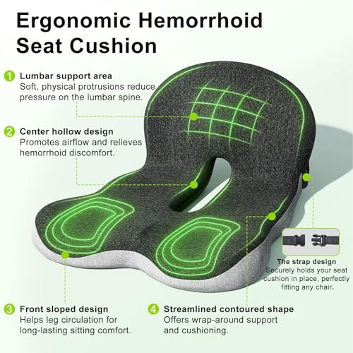 Seat Cushion, Seat Cushions for Office Chair, Ergonomic Coccyx Cushion, Breathable Non-Slip Memory Foam Pad for Long Sitting, Gaming Chair & Car Seat - color: Dark + Light Gray