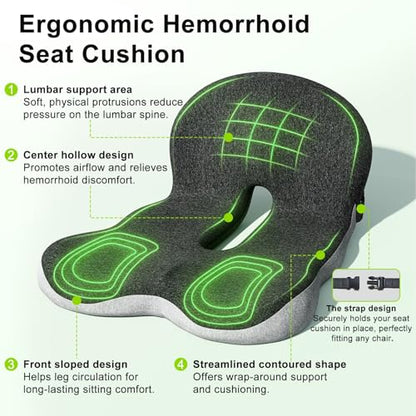 Seat Cushion, Seat Cushions for Office Chair, Ergonomic Coccyx Cushion, Breathable Non-Slip Memory Foam Pad for Long Sitting, Gaming Chair & Car Seat - color: Dark + Light Gray