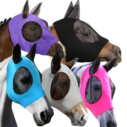 5Pcs Horse Fly Masks for Horses Smooth and Elasticity UV Protection Fly Mask with Ears and Large Eye Space Horse Face Covering for Riding Supplies(,Purple, Blue, Pink, Black, Gray)